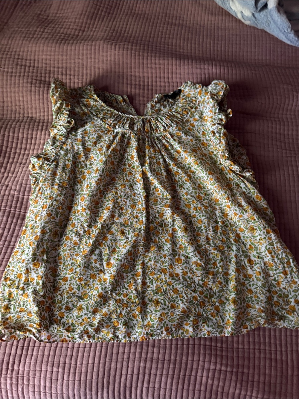 J. Crew White Floral Ruffle-Sleeve Blouse with Yellow & Green Print